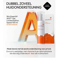 Visual van AVST Gel Upsize Limited Edition 100 ml met de boodschap "dubbel zoveel huidondersteuning". De tijdelijke 100 ml-verpakking bevat dubbel zoveel product als de standaardverpakking en ondersteunt de huid dagelijks met vitamine A voor een gezonde, sterke huid.