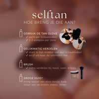 Stappenplan voor het aanbrengen van Glow Bronze Foam zelfbruiner. Gebruik een tanning glove, verdeel de mousse gelijkmatig per lichaamsdeel, werk af met een brush aan handen, voeten en enkels en hydrateer droge zones vooraf voor een egaal resultaat.