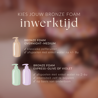 Vergelijking van de Glow Bronze Foam zelfbruiners op basis van inwerktijd. Kies tussen Overnight Medium, die na ongeveer 8 uur wordt afgespoeld, of Express Olive en Violet, die in 2 tot 6 uur ontwikkelen en afgestemd zijn op jouw huidondertoon.